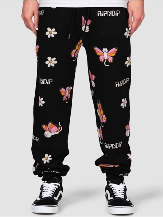Ripndip Other - Ripndip Black Sweatpants with Pink & Yellow Butterfly Cat and White Daisy Print